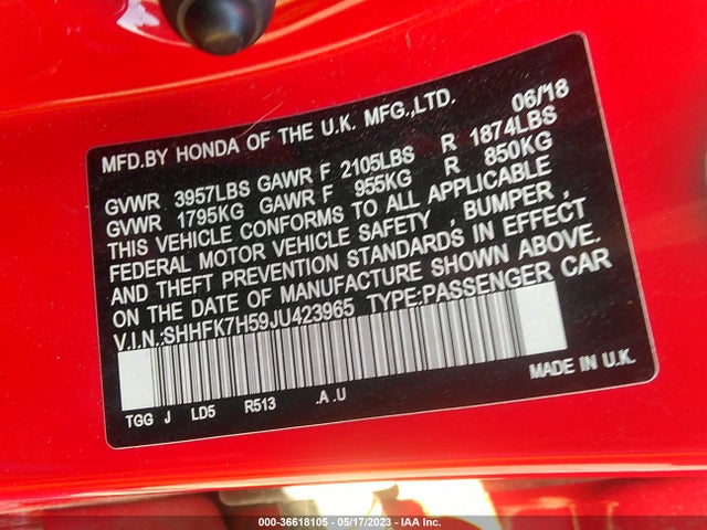 Honda Civic Hatchback Ex 2018 SHHFK7H59JU423965 Image 9