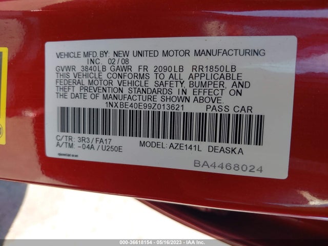 2009 TOYOTA COROLLA XRS VIN: 1NXBE40E99Z013621