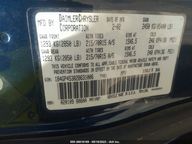 2002 DODGE CARAVAN SPORT VIN: 1B4GP45382B631006