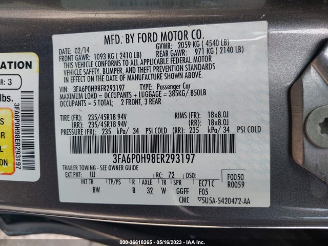 Ford FUSION SE 2014 3FA6P0H98ER293197 Image 11