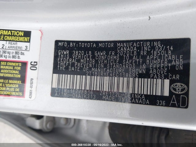 2014 TOYOTA COROLLA LE VIN: 2T1BURHE4EC118695