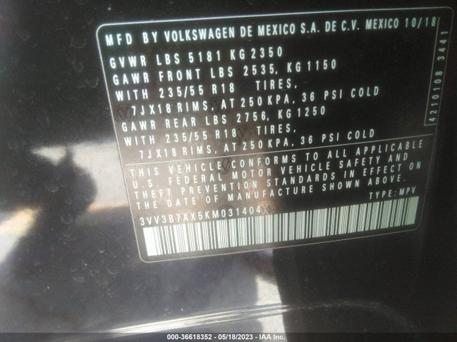 3VV3B7AX5KM031404 Volkswagen Tiguan Se/sel/sel R-line