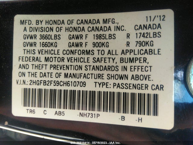 2012 HONDA CIVIC SDN LX VIN: 2HGFB2F59CH610709