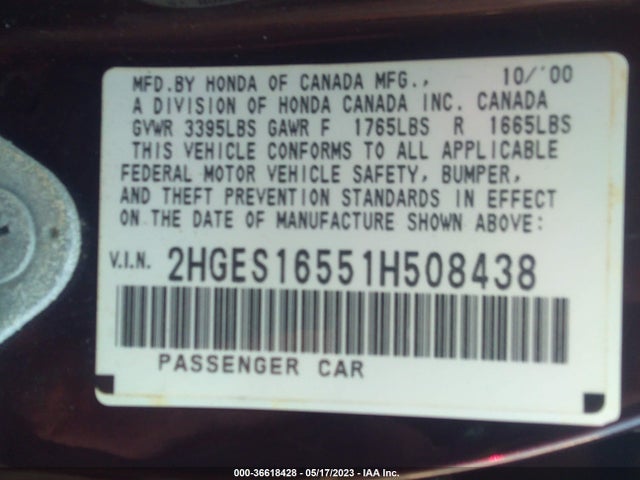 2001 HONDA CIVIC LX VIN: 2HGES16551H508438