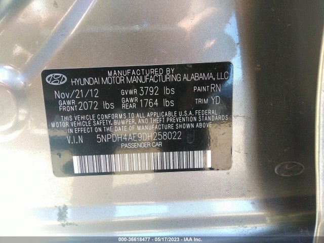 2013 HYUNDAI ELANTRA GLS VIN: 5NPDH4AE9DH258022