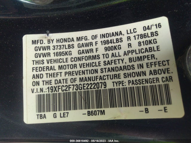 2016 HONDA CIVIC SEDAN EX VIN: 19XFC2F73GE222079