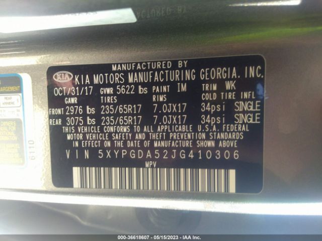 5XYPGDA52JG410306 KIA Sorento Lx V6