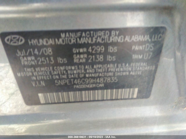 2009 HYUNDAI SONATA GLS VIN: 5NPET46C99H487835
