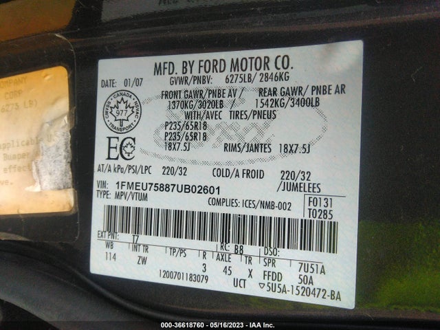 2007 FORD EXPLORER LIMITED VIN: 1FMEU75887UB02601