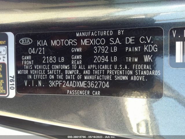 3KPF24ADXME362704 KIA Forte Lxs