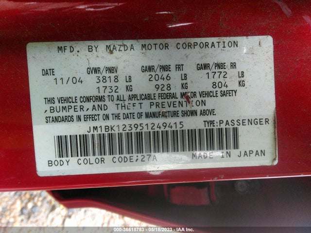 2005 MAZDA MAZDA3 S VIN: JM1BK123951249415