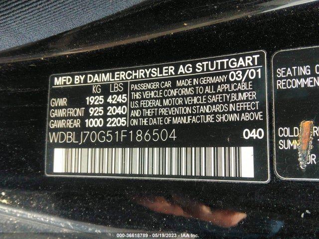 2001 MERCEDES-BENZ CLK-CLASS VIN: WDBLJ70G51F186504