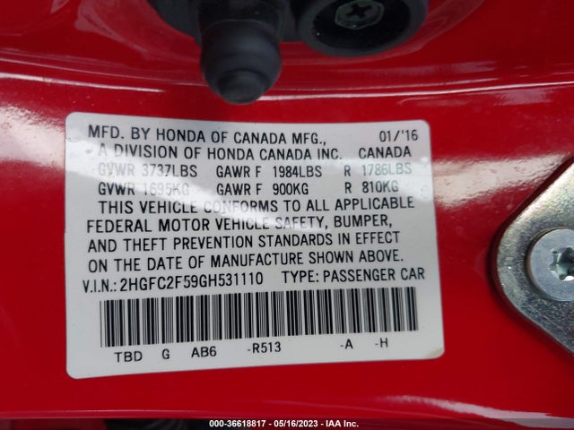 Honda Civic Sedan Lx 2016 2HGFC2F59GH531110 Image 9