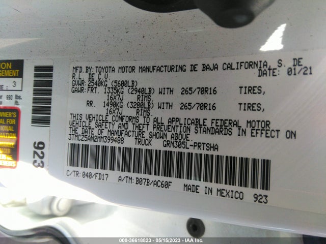 2021 TOYOTA TACOMA 4WD SR/SR5/TRD SPORT VIN: 3TMCZ5AN2MM399488