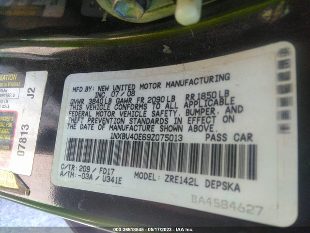 2009 TOYOTA COROLLA VIN: 1NXBU40E69Z075013