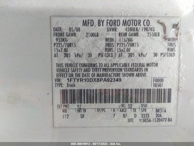 2008 FORD RANGER XL/XLT VIN: 1FTYR10DX8PA92349