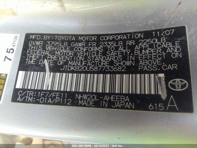 Продажа на аукционе авто 2008 Toyota Prius, vin: JTDKB20U587733682, номер лота: 36619099