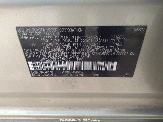 2007 TOYOTA RAV4 VIN: JTMZD33V276049583