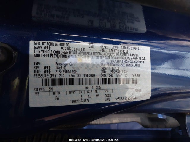 2012 FORD FOCUS SEL VIN: 1FAHP3H24CL426014