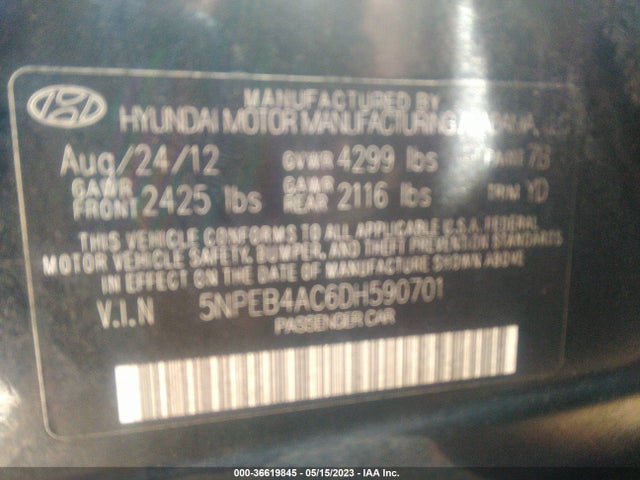 2013 HYUNDAI SONATA GLS PZEV VIN: 5NPEB4AC6DH590701