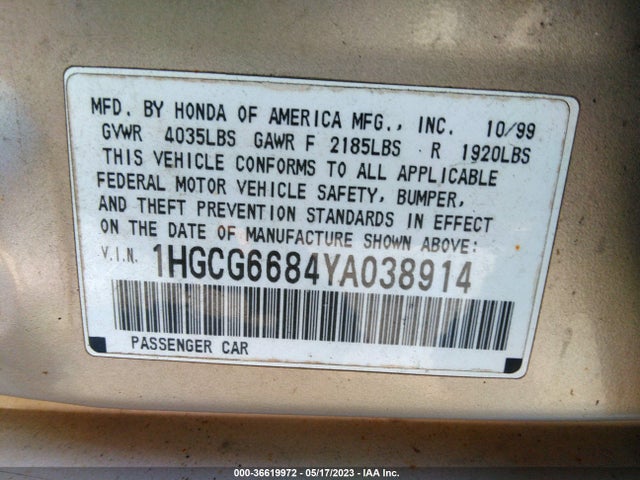 2000 HONDA ACCORD SDN EX W/LEATHER VIN: 1HGCG6684YA038914