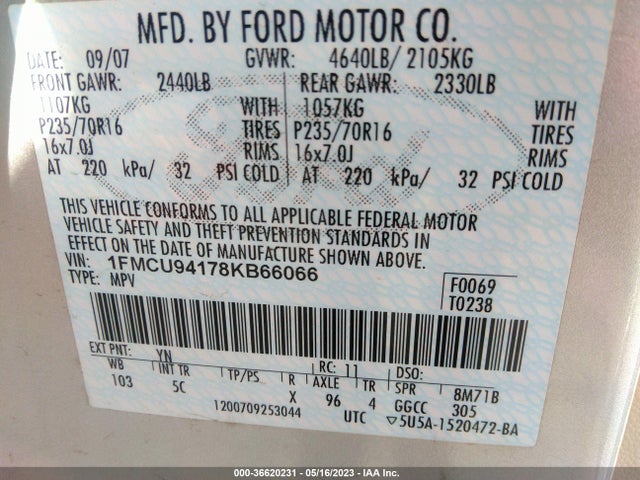 2008 FORD ESCAPE LIMITED VIN: 1FMCU94178KB66066