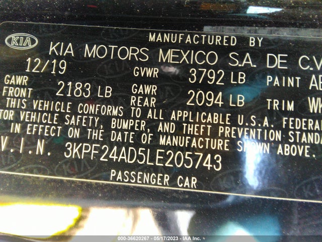 2020 KIA FORTE LXS VIN: 3KPF24AD5LE205743