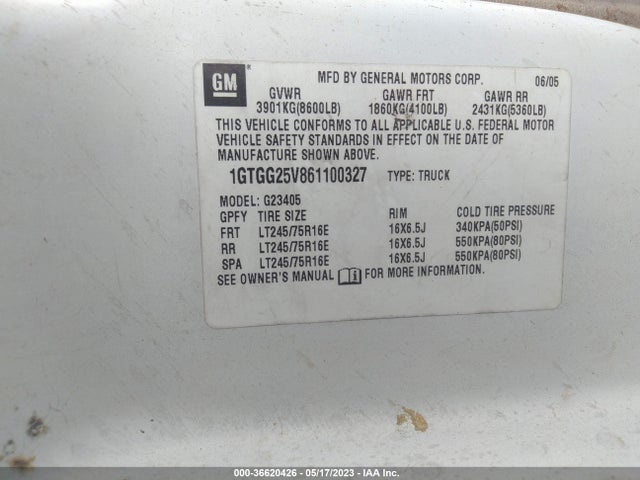 2006 GMC SAVANA CARGO VAN VIN: 1GTGG25V861100327
