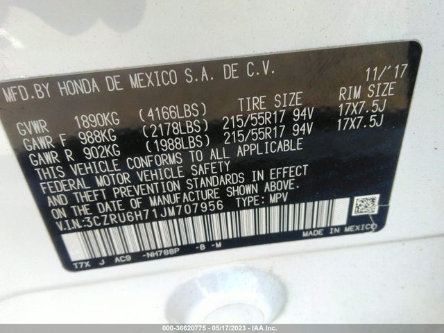 2018 HONDA HR-V EX-L NAVI VIN: 3CZRU6H71JM707956