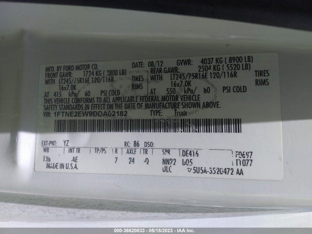 2013 FORD ECONOLINE CARGO VAN COMMERCIAL/RECREATIONAL VIN: 1FTNE2EW9DDA02182