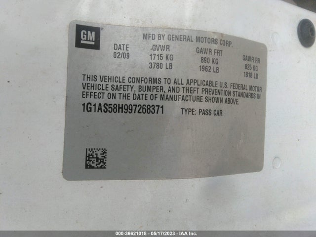 2009 CHEVROLET COBALT LS VIN: 1G1AS58H997268371