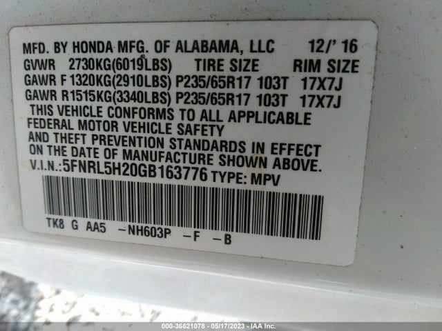 Honda ODYSSEY LX 2016 5FNRL5H20GB163776 Image 9