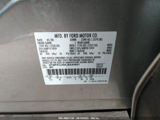 2020 FORD EDGE SEL/ST-LINE VIN: 2FMPK3J99LBA44861