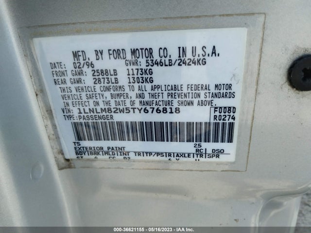 1996 LINCOLN TOWN CAR SGN/DMND ANV/CYPRESS/JN VIN: 1LNLM82W5TY676818