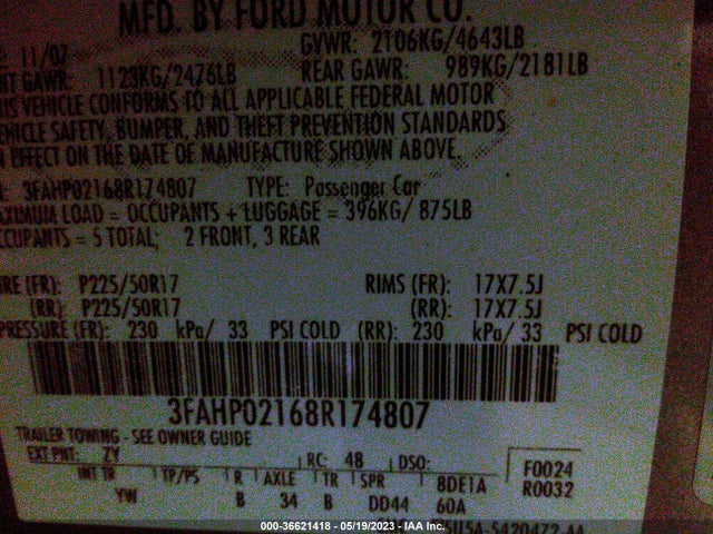 2008 FORD FUSION SEL VIN: 3FAHP02168R174807