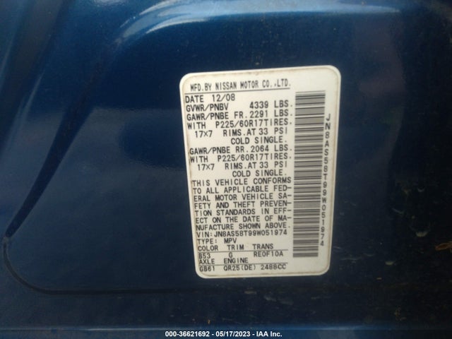 2009 NISSAN ROGUE SL VIN: JN8AS58T99W051974