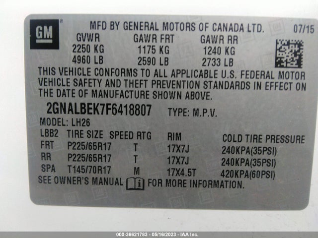 Chevrolet EQUINOX LT 2015 2GNALBEK7F6418807 Image 9