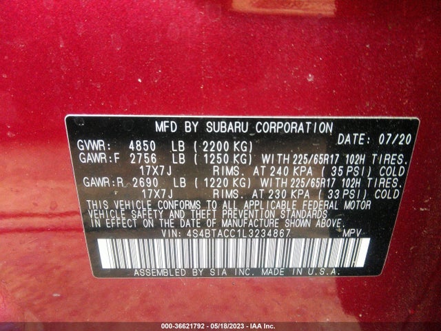 Subaru Outback Premium 2020 4S4BTACC1L3234867 Image 9