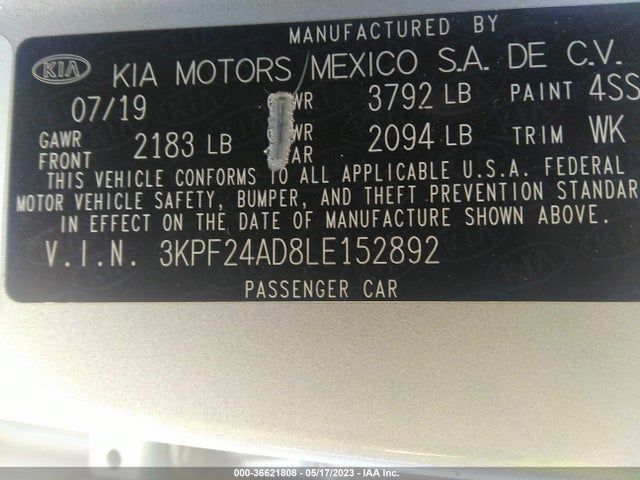 2020 KIA FORTE LXS VIN: 3KPF24AD8LE152892