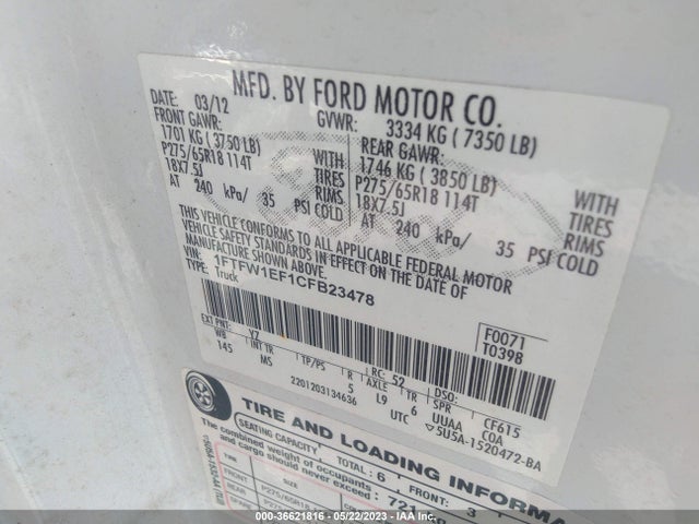 2012 FORD F-150 XL/XLT/FX4/LARIAT VIN: 1FTFW1EF1CFB23478