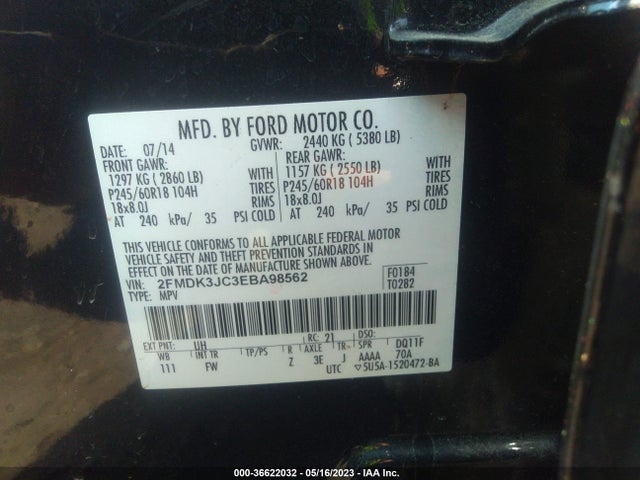 2014 FORD EDGE SEL VIN: 2FMDK3JC3EBA98562