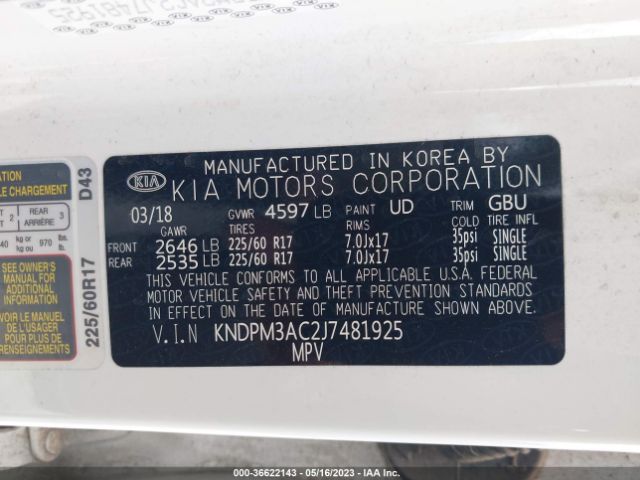 KNDPM3AC2J7481925 KIA Sportage Lx