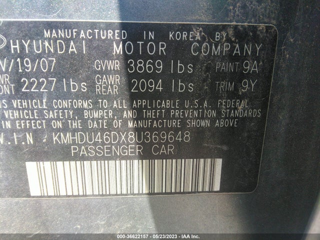 2008 HYUNDAI ELANTRA GLS/SE VIN: KMHDU46DX8U369648