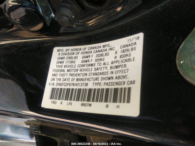 Honda Civic Sedan Lx 2019 2HGFC2F67KH513738 Image 10