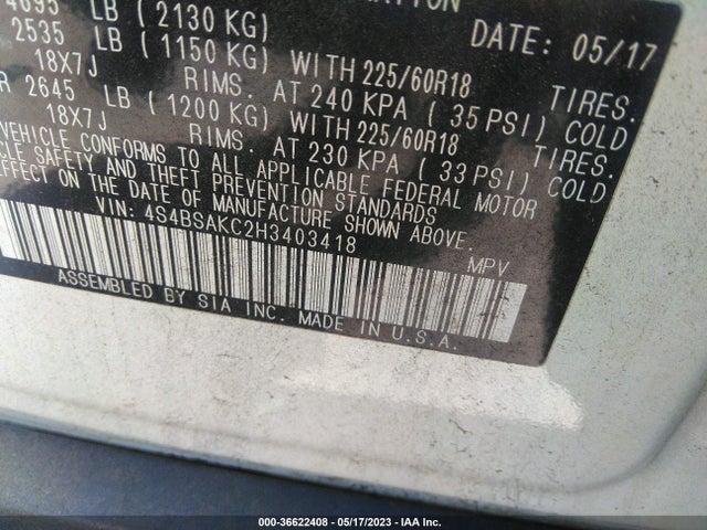 2017 SUBARU OUTBACK LIMITED VIN: 4S4BSAKC2H3403418