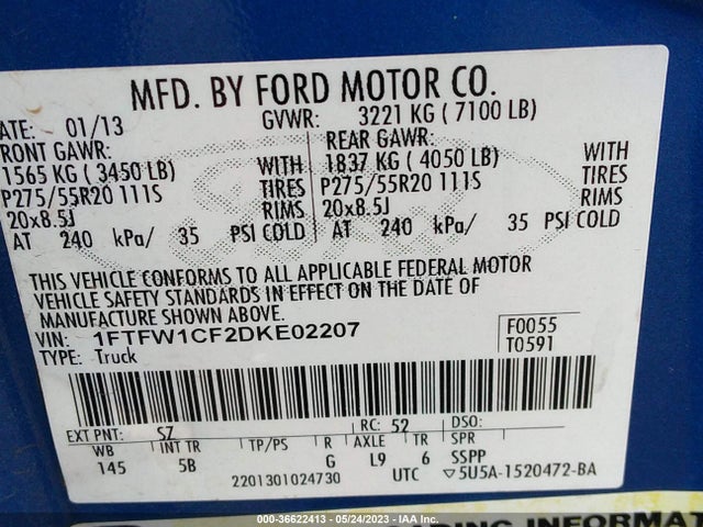 2013 FORD F-150 XL/XLT/FX2/LARIAT VIN: 1FTFW1CF2DKE02207