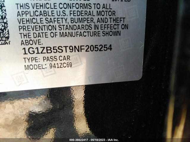 2022 CHEVROLET MALIBU LS VIN: 1G1ZB5ST9NF205254
