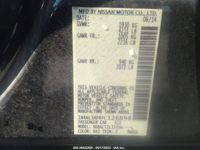 2015 NISSAN ALTIMA 2.5 SL VIN: 1N4AL3AP4FC126898