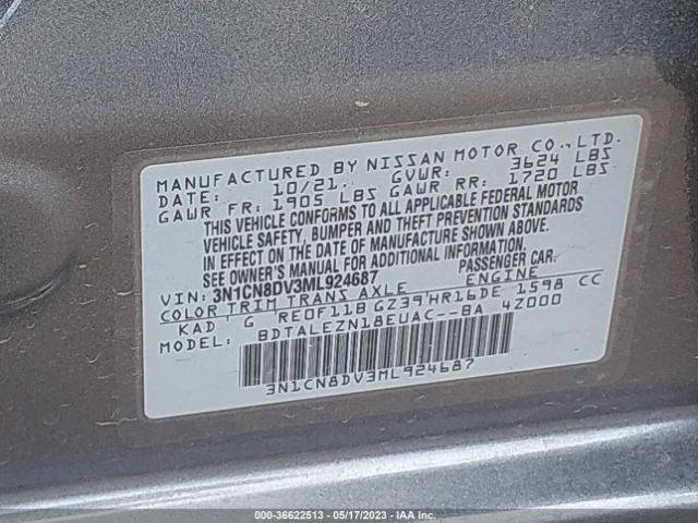 3N1CN8DV3ML924687 Nissan VERSA S