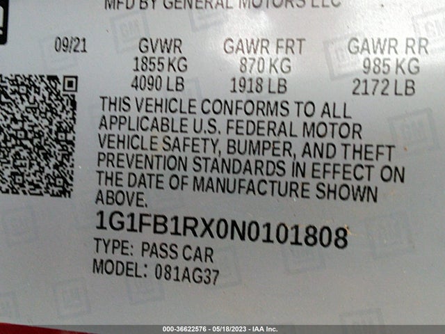 2022 CHEVROLET CAMARO 1LT VIN: 1G1FB1RX0N0101808